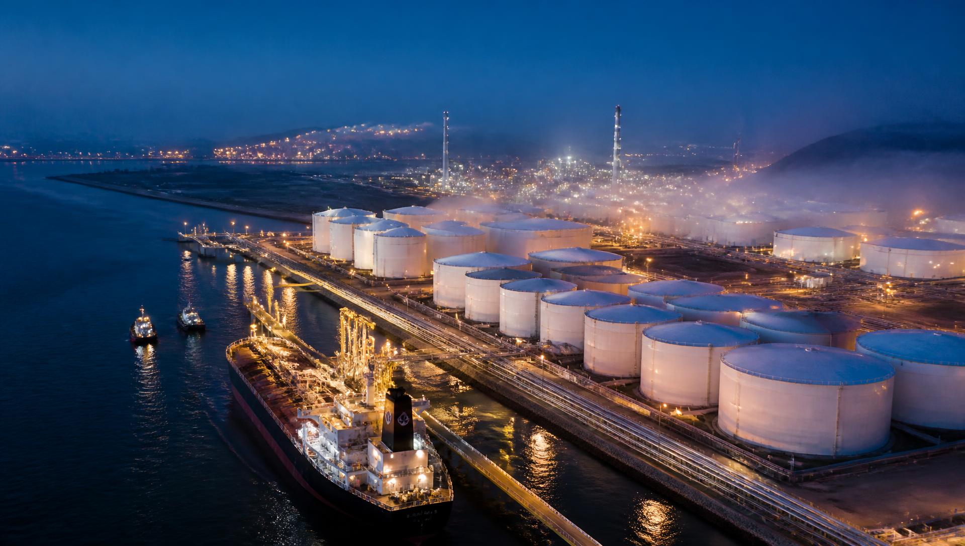 ProLogistiks tank storage terminal at blue hour with a tanker at berth