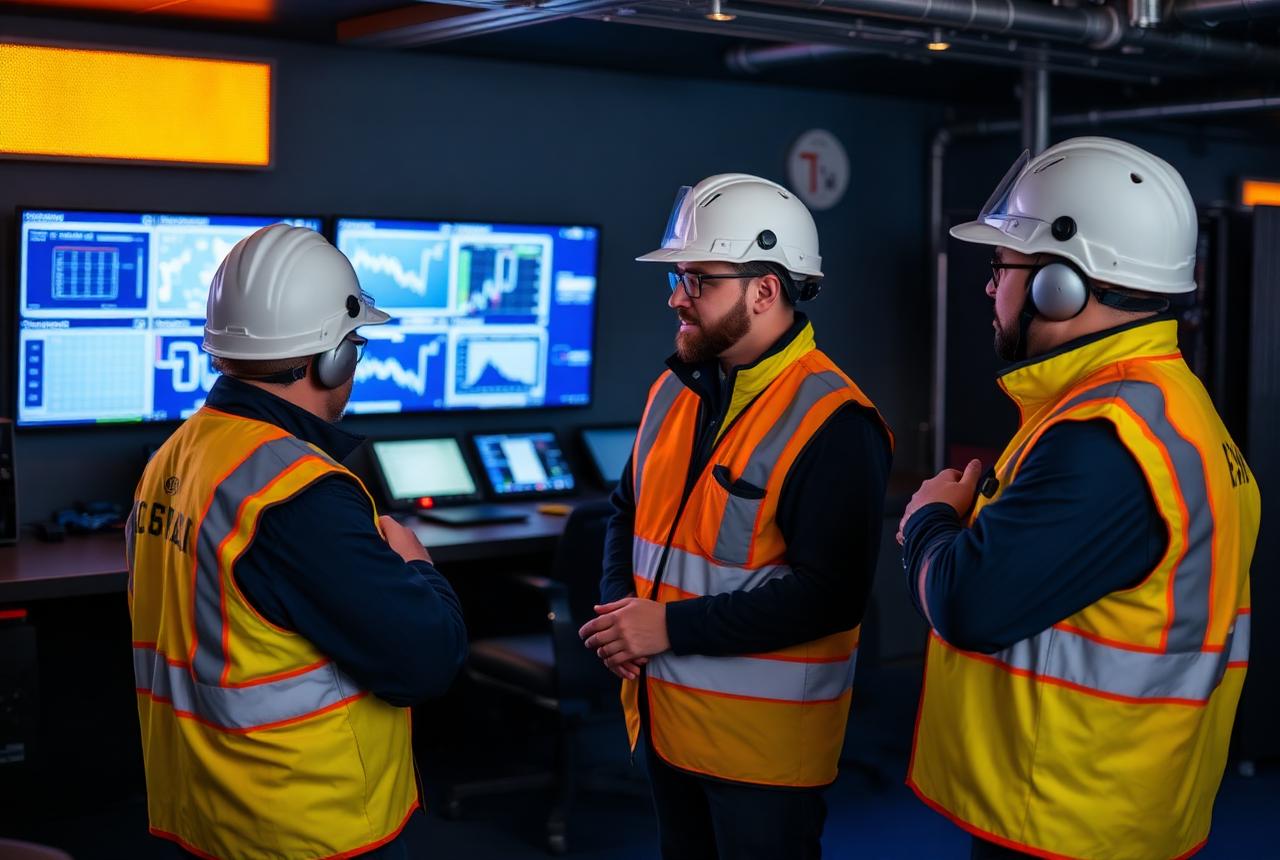 Terminal engineers reviewing live monitoring screens in the control room